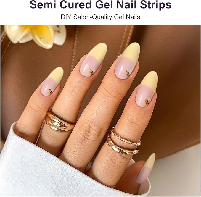 DUKASOU Semi Cured Gel Nail Strips, 56Pcs French Tip Nail Art Stickers/Wraps, Long Lasting UV Nail Polish Strips for Adults(French Tip Red Beetle+Yellow Bee)