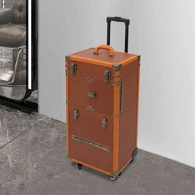 Rolling Lockable Makeup Train Case, Beauty Salon Luggage Hairdressing Trolley Stylist Beauty Salon Cosmetic Luggage Travel Organizer Tool Box for Professional Hairdressers(Coffee)