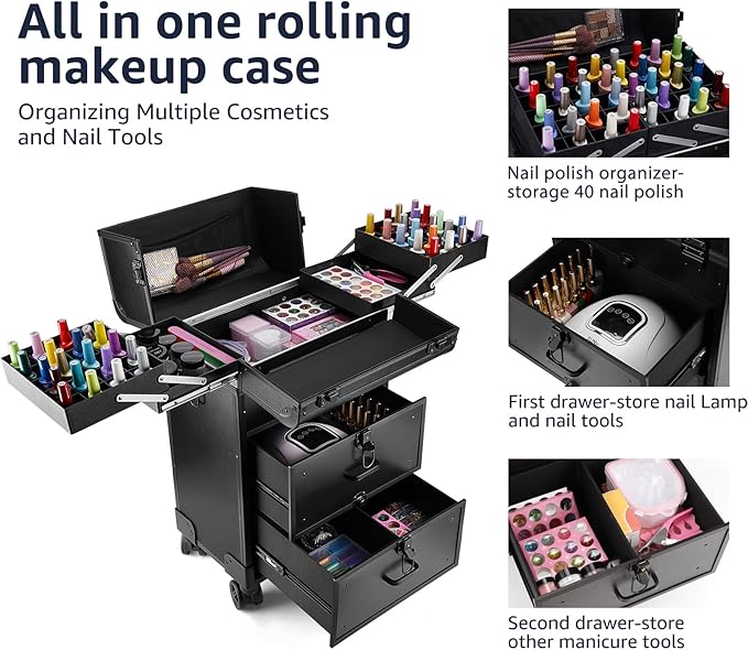 Yokilly Rolling Makeup Train Case, Professional Cosmetology Case on Wheels, Aluminum Cosmetic Trolley Travelling Cart Trunk with Swivel Wheels, Sliding Drawer & Keys for Nail Technician Stylist(Black)