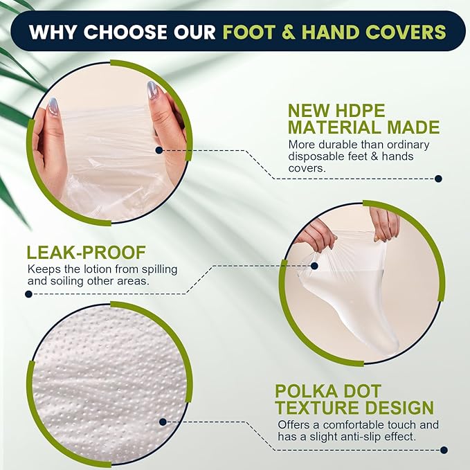 TEAWOO 200PCS Disposable Hand & Foot Mask Set, 100P Hand Masks + 100P Foot Masks with Stickers, Leak-Proof Moisturizing Covers for Paraffin Therapy & at-Home Skin Care (Feet Fit up to US 9)