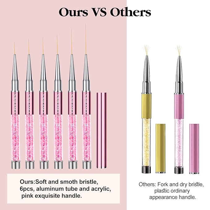 SAVILAND 6pcs Nail Art Liner Brushes Set: Nail Brush Gel Polish Painting Nail Art Design Brushes Pen with Crushed Diamond Rhinestone Handle for Pulling Lines,Sizes 7/9/11/13/17/23 mm