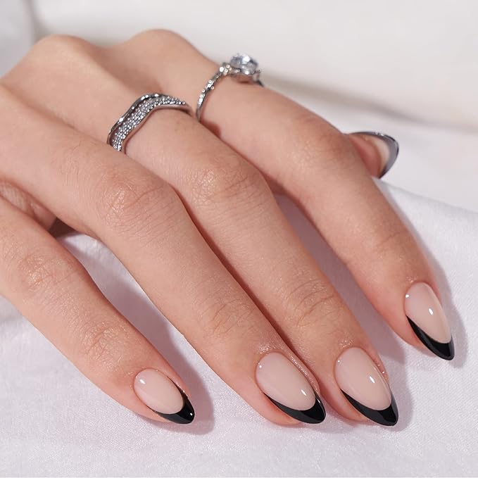 BTArtbox French Tip Press On Nails, Almond, Supremely Fit, Natural, Reusable Short Glue/Stick On Nails for Women Gift in 16 Sizes, Black French, 32 Fake Nails Kit