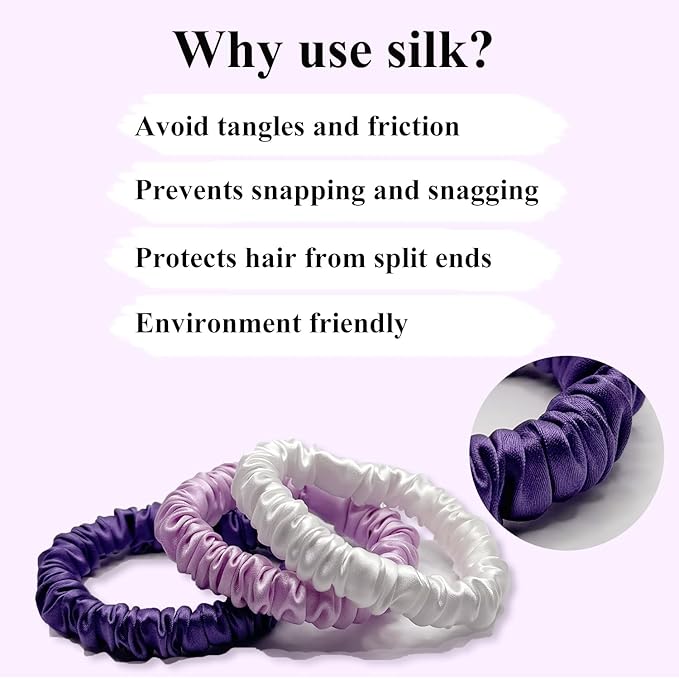 VLOMOT 3 Pcs Set 100% Pure Mulberry Silk Hair Scrunchies Hair Ties with 3 Chic Colors Everyday Skinny Scrunchies Silk Ponytail Holders Hair Care No Damage (Purple)