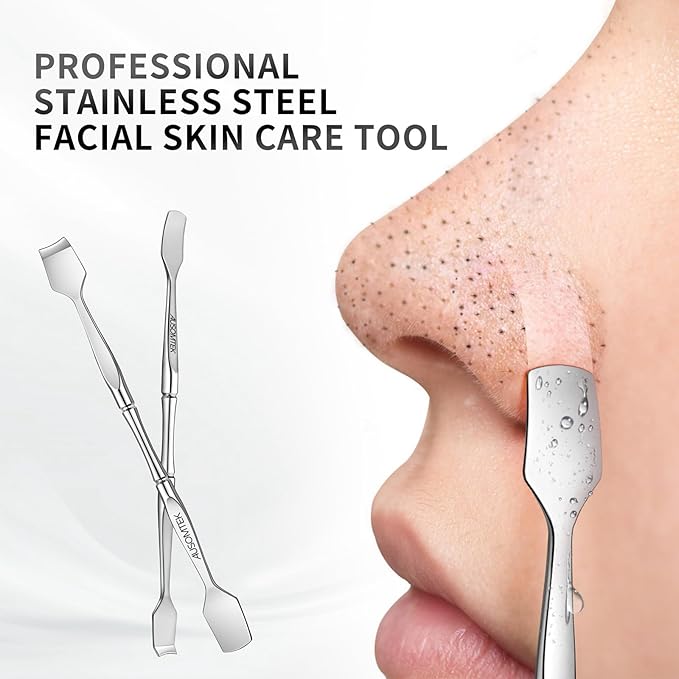 AUSOMTEK Blackhead Remover Tool, Pore Cleaner & Comedone Extractor Face Spatula, Professional Stainless Steel Whitehead & Pimple Extractor Tool for Facial Skin Care with Cyan PU Case