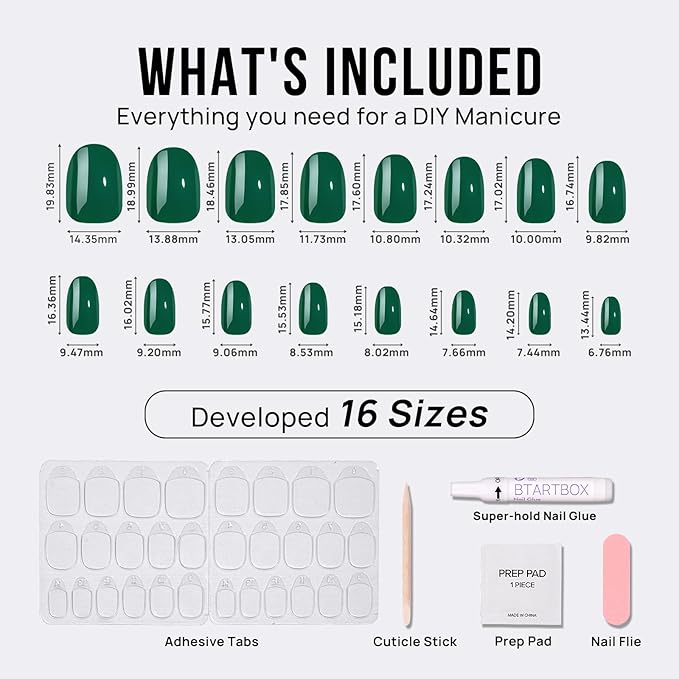 BTArtbox Press On Nails Short - Dark Green Press on Nails, Short Oval Fake Nails with Nail Glue, Natural Reusable Stick on Nails in 16 Sizes Soft Gel Nail Kit, Pine Needle