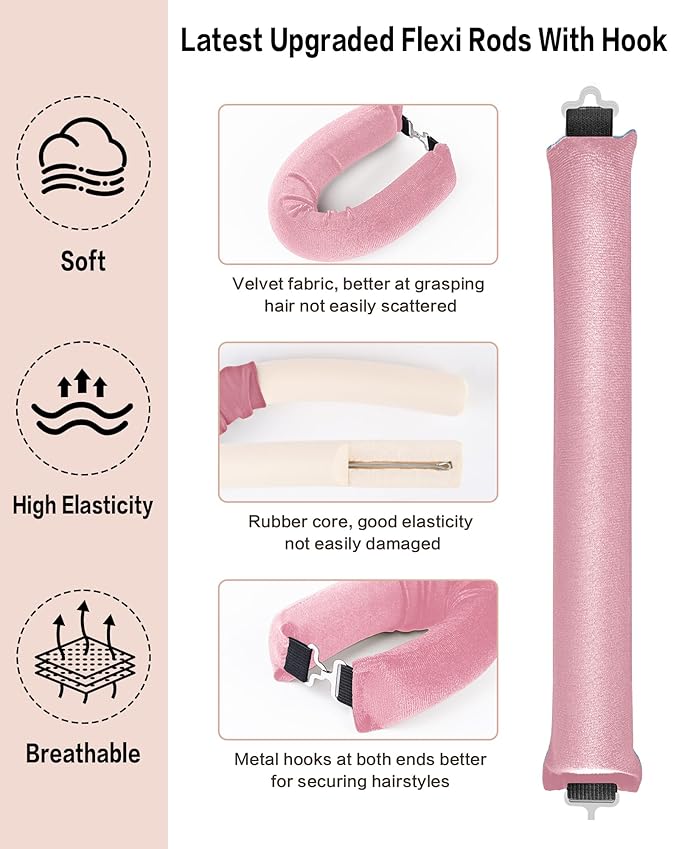 Heatless Curls Overnight Hair Curler - 4 Pcs Curling Rod to Sleep In, Velvet Hair Rollers with Satin Hair Scarf