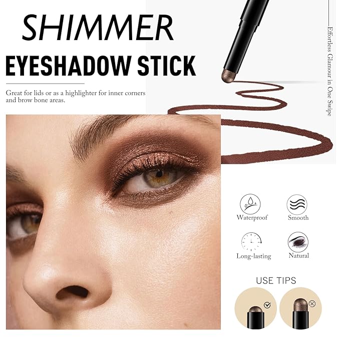 Cream Eyeshadow, Cocoa Shimmer Glitter Eye Shadow Stick Waterproof Long Lasting Neutral Smoky Eyeshadow Pencil Highlighter Makeup High Pigmented Blendable Eyeliner Pen for Women