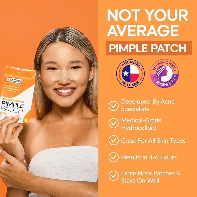 EZACNE™ Pimple Patches for Nose – Hydrocolloid Nose Pimple Patches for Zits, Blemishes & Excess Oil – Overnight Pore & Whitehead Nose Strips (12 Count)