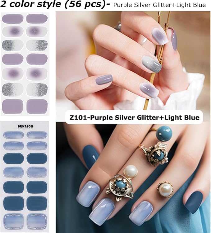 DUKASOU Semi Cured Gel Nail Strips, 56Pcs Nail Art Stickers/Wraps, Long Lasting UV Nail Polish Strips for Adults(Purple Silver Glitter+Light Blue)