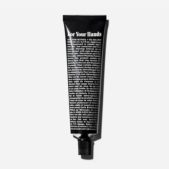 Nécessaire The Hand Retinol. Anti-Age Repair Serum. For Crepiness, Wrinkles, Spots, Brittle Cuticles. 0.25% Pure Retinol. 5% AHA. Dermatologist-Tested. Hypoallergenic. Non-Comedogenic. 2.2 fl oz.