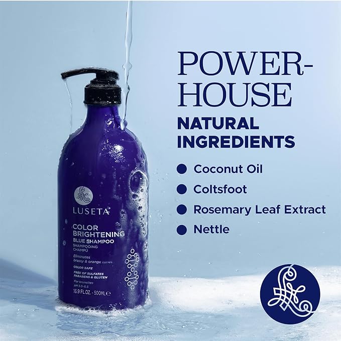 Luseta Color Brightening Blue Shampoo for Brunettes and Brassy Orange Tones, Hair Care Routine Shmapoo for Color Treated Hair, Sulfate Phosphate & Paraben Free 16.9oz