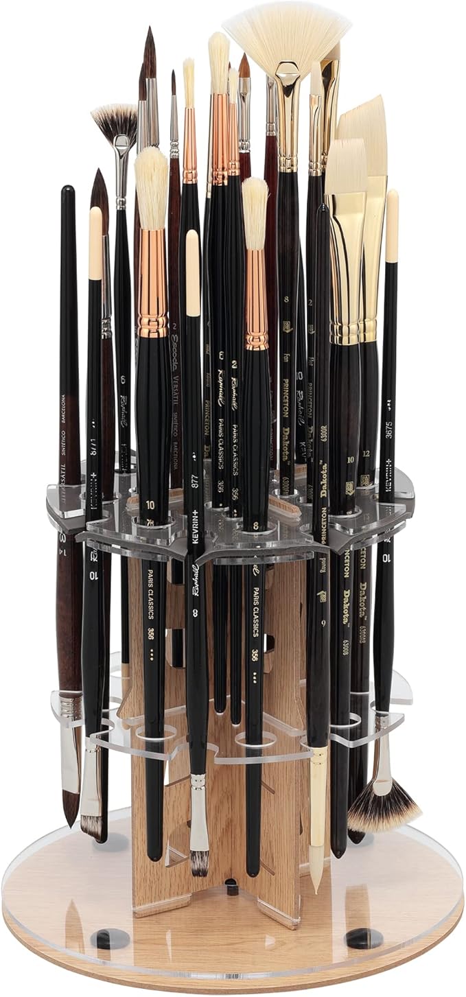 Mezzo Dual Artist Brush Holder and Drying Rack - Rotating Wood Grain Laminate Multi Layer Desk Stand - Professional Storage Display Organizer for Paintbrushes