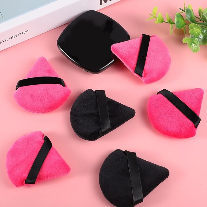 Pimoys 12 Pieces Powder Puff Soft Face Makeup Sponge Velour Triangle Powder Puffs for Loose Powder Cosmetic Foundation Sponge Beauty Makeup Tool(Black,Rose Red)