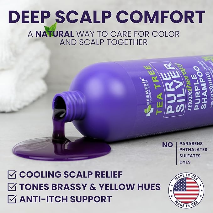 Pure Silver Purple Shampoo with Tea Tree Oil, Anti Brass Toner for Bleached, White, Blonde & Highlighted Hair, Gray Hair to Get Yellow Out, Refreshes Scalp, Sulfate Free, Women & Men, 16 fl oz