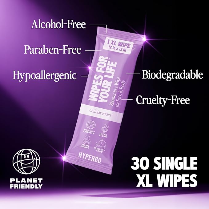 HyperGo XL Body Wipes for Women & Men – 12" x12" Rinse-Free Full Body Cleansing 30 Count Pack - Lavender | Biodegradable, Hypoallergenic, Aloe-Infused | Gym, Festival, Camping Essentials