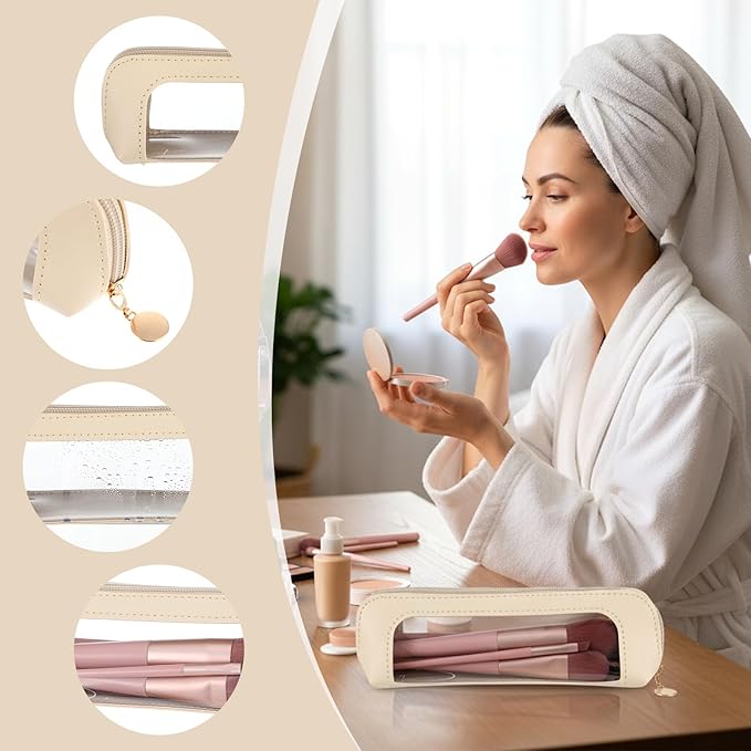 Sibba Small Clear Makeup Bag Travel Makeup Bag PU Leather Make up Brush Case Clear Cosmetic Bags Make up Organizer Zipper Pouch for Women Home Travel Office Cosmetic Storage (Beige)