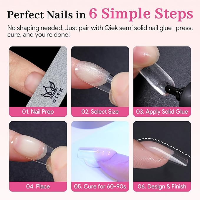 Qiek Medium Square Pre-Building Nail Tips Kit, 15 Sizes 240 PCS Pre-shaped Apex Clear Thick Extensions Tip Soft Half Matte Press On Fake Nails Glue Gel Nail Lamp for DIY Beginners & Salon Manicure