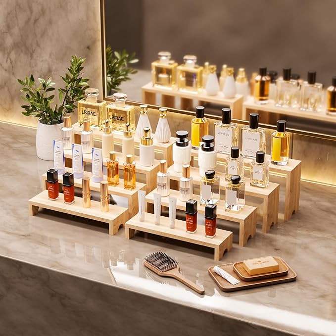 4 Tier Large Display Wooden Riser Stand 2 Set Decorative Rectangular Wood Racks 8 Pieces Stackable Perfume Organizer Cologne Stand Wood Dessert Table Display Set for Vendor Events (Wood color, 8PCS)