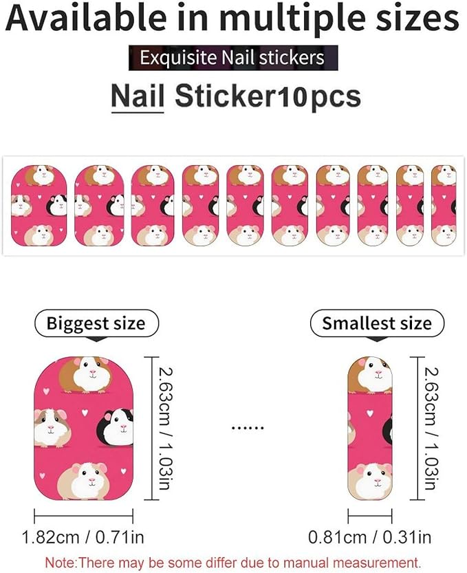 WUXEKZO Self Adhesive Nail Art Stickers DIY Nail Polish Strips for Fake Nails Design (Set of 5 Love Heart Guinea Pig Pet-1 Nails Sticker Nail Decals)