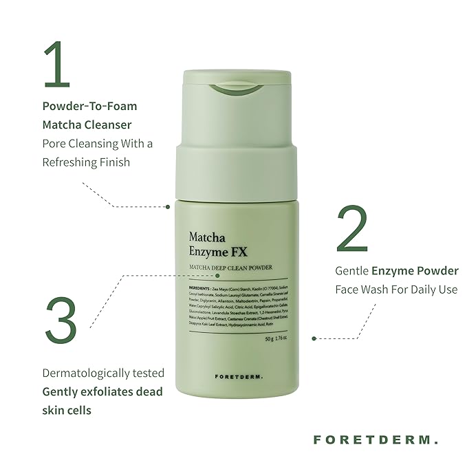 Matcha Enzyme FX Powder-To-Foam Cleanser, Enzyme Face Wash With Matcha Extract, Hydrating Korean Facial Cleanser For Daily Use, Water-Based Fragrance Free Formula, All Skin Types, 1.76oz