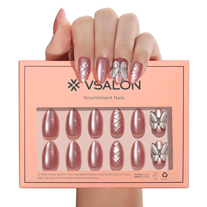 VSALON Press-On Nails Short Almond - Pink Cat Eye Chrome 3D Sculpting Metallic Design for Woman, Reusable Fake Nails & Soft Gel Nail Glue, Protector Cuticle Oil, Tabs & Nail File - 32 PCS in 16 Sizes