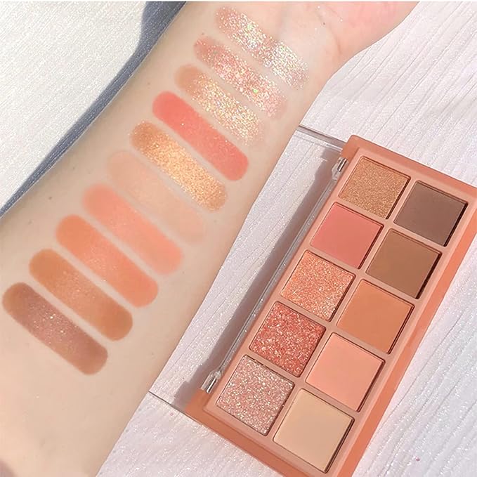 Erinde 10 Colors Eyeshadow Palette Makeup - Matte Shimmer Glitter Eye Shadow Korean Makeup, Ultra-Blendable, High Pigmented, Natural-Looking, Peach Brown Eyeshadow Pallet with Brush, Peach Color