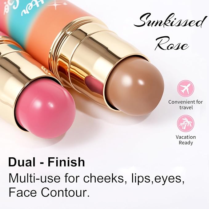 Dual-Ended Blush and Bronzer Stick – 2-in-1 Creamy Face Cheeks Contour Makeup, Smooth Hydrating Formula, Buildable Color for Natural Radiant Glow Beauty For Women (Sunkissed Rose)