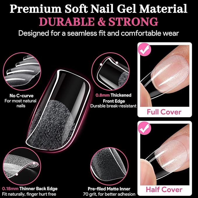 Qiek Short Square Fake Nail Tips - 15 Sizes 240 PCS Clear French Half Matte Press On False Nail Tips Pre-shaped Full Cover Gel Nail Tips Extensions Thick Long Lasting for DIY Beginners& Salon Manicure