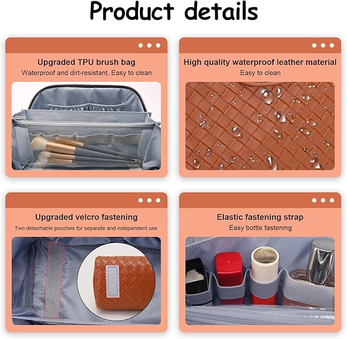 BOYATU Travel Makeup Bag Cosmetic Bags for Women: Large Capacity 3 Pcs Set Make up Bag with Compartments - Waterproof Vegan Leather Toiletry Organizer Bags with Handle (L08 Brown)