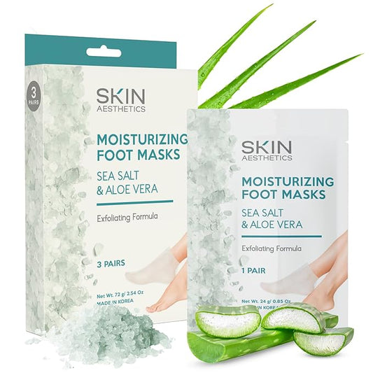 Skin Aesthetics Sea Salt & Aloe Foot Masks - Moisturizes & Exfoliates Dry, Cracked Feet, Hydrating Foot Mask - Dermatologist Tested Korean Skincare - Clean Beauty, Cruelty-Free - 3 Pairs