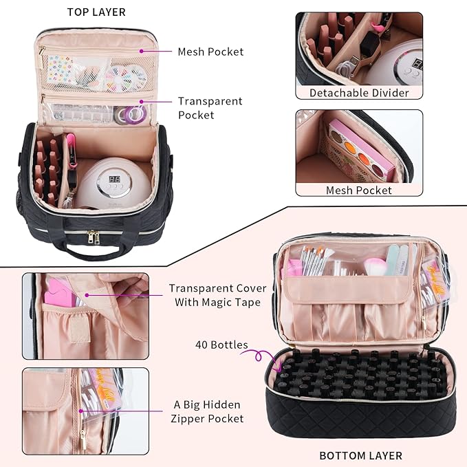 VOFIpremiAm Nail Polish Organizer Case Fits Nail Lamp and 50 Bottles,Nail Organizers and Storage for Nail Tech Travel,Pretty Nail Polish Storage Bag Fits Nail Kit & Manicure Tools (Patented)-Black
