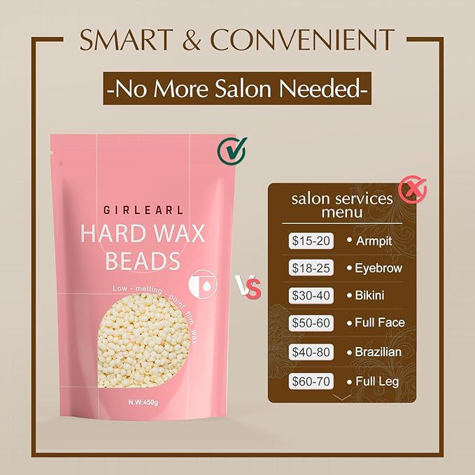 GIRLEARLE Hard Wax Beads, 1lb Wax Beans for Hair Removal, Hard Wax for Sensitive Skin at Home, Wax Refill Perfect for Eyebrow, Facial, Brazilian Bikini, Legs and Full Body for Women and Men (Cream)