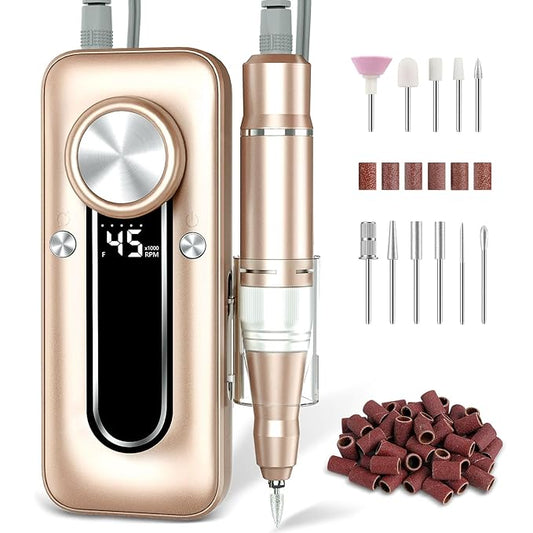 TUOBEO Nail Drill Electric Nail File Kit 45000 RPM Professional Efile Nail Set,Cordless Portable Rechargeable Acrylic Gel Nail Polish Remover Machine Pedicure Manicure Tool with for Salon Home Gold