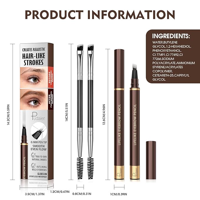 2 Pack 4-Tip Microblading Eyebrow Pen with 2 Brow Brushes, Waterproof Vegan Formula Eyebrow Pencils for Women to Effortlessly Create Natural Hair-Like Strokes, All-Day Wear (Blonde)