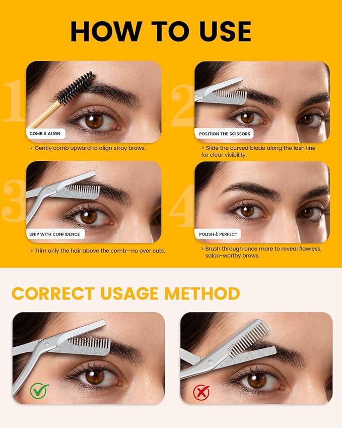 BEZOX Eyebrow Scissors with Comb - Stainless Steel Eyebrow Trimmer for Women and Men, Precision Eye Brow Comb Scissors, Sleek Eyebrows Grooming Kit - Silver