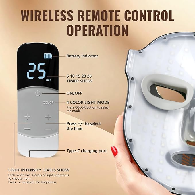 Red Light Therapy Mask for Face,4 Modes LED Face Mask Light Therapy,Acne Removal Wrinkles & Redness Anti-Aging,2000mAh Rechargeable,Wirless Remote,Infrared Photon Facial Mask for Travel Yoga