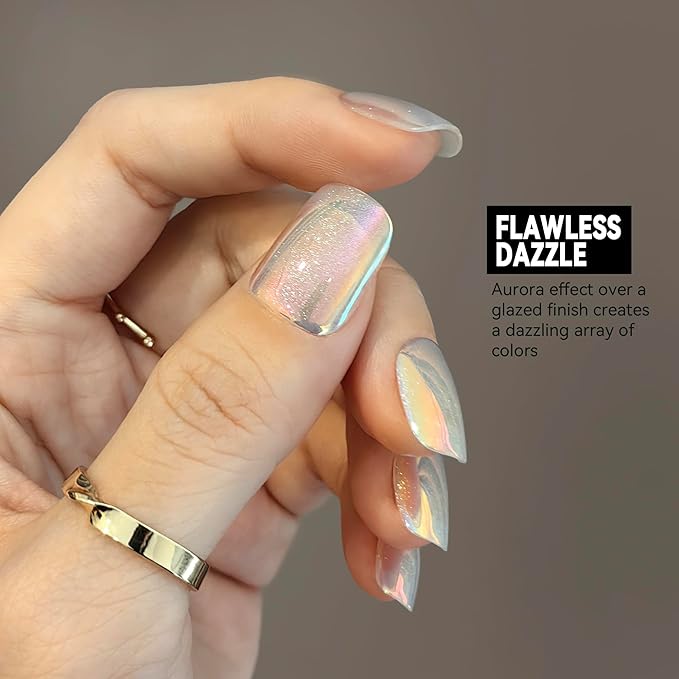 Okiyomi White Press on Nails - Iridescent Snow Cat Eye Press on Nails | Magnetic Pearl Sparkle with UV Finish - Short Ballerina Squoval - 15 Sizes - 30 Soft Gel Fake Nails with Glue and Stick On Tabs