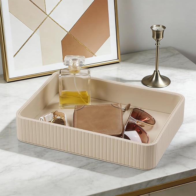MEIBOOCH 2 Pack Nightstand Organizer Tray, Decorative Perfume Valet Tray Trinket Dish Catch All Purse Key Bowl, PU Leather Coffee Table Trays for Vanity Dresser Bedside Bathroom Countertop (Beige)