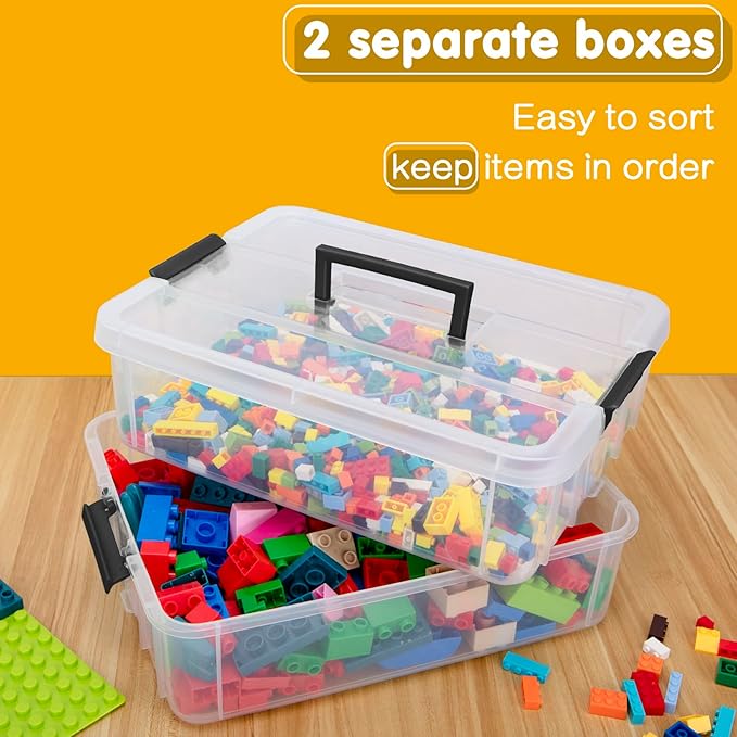 TERGOO 2 Layer Plastic Storage Containers with Lids, Multipurpose Clear Stack & Carry Box, Portable Craft Organizers and Storage Bin for Organizing Art & Craft, Sewing, Makeup, Nail Supplies (Black)