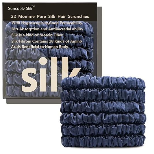 Suncdelv Silk,100% Silk Scrunchies for Hair,22 Momme Hair Ties for Anti-Crease & Breakage,Natural Women Hair Accessories，Fashion Hairbands 6PCS（Dark Blue）