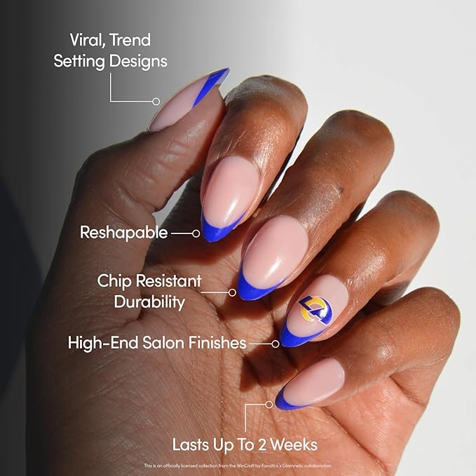 Glamnetic x Fanatics Press On Nails - Los Angeles Rams | Short Almond Fake Nails, NFL Rams Blue French Tips, Football Nails, Salon-Quality | 15 Sizes - 30 Nail Kit with Glue