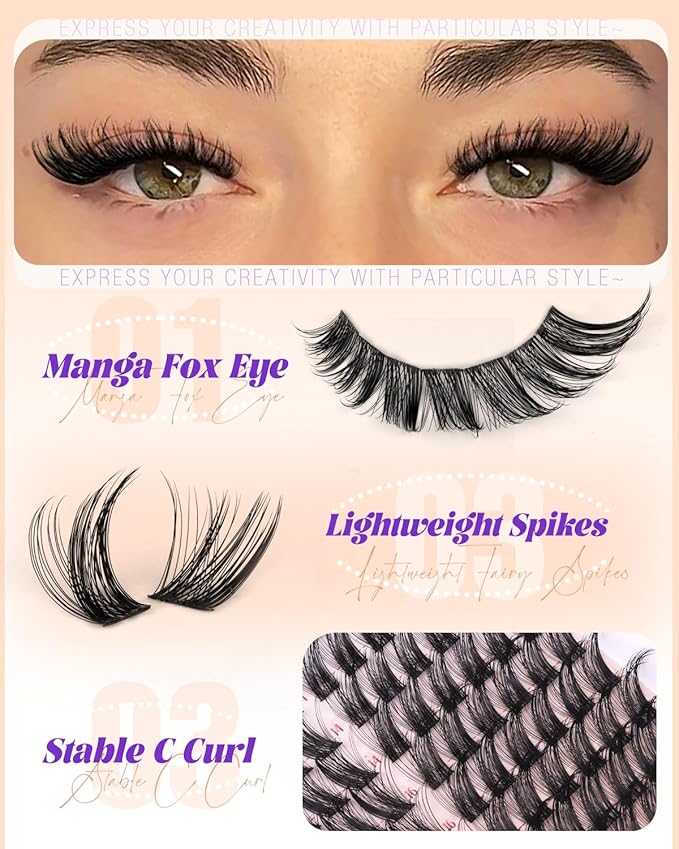 Wispy Lash Clusters Cat Eye Spiky Cluster Eyelash Extensions Feathered Cluster Lashes Fairy Spikes Eyelash Clusters Fox Eye 10-18mm Volume Anime Individual Lash Extension 144Pcs