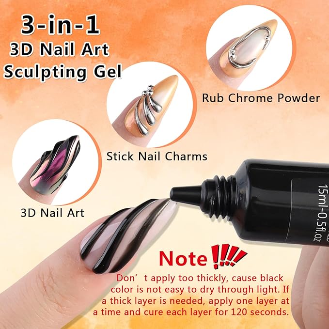 SUTOKAKA 3D Gel Nail Art & Chrome Nail Powder Kit, 15g Black Sculpting Gel No Wipe Molding Gels with Gold Silver Metallic Mirror Effect Chrome Powder Manicure Decoration DIY Salon Home Use