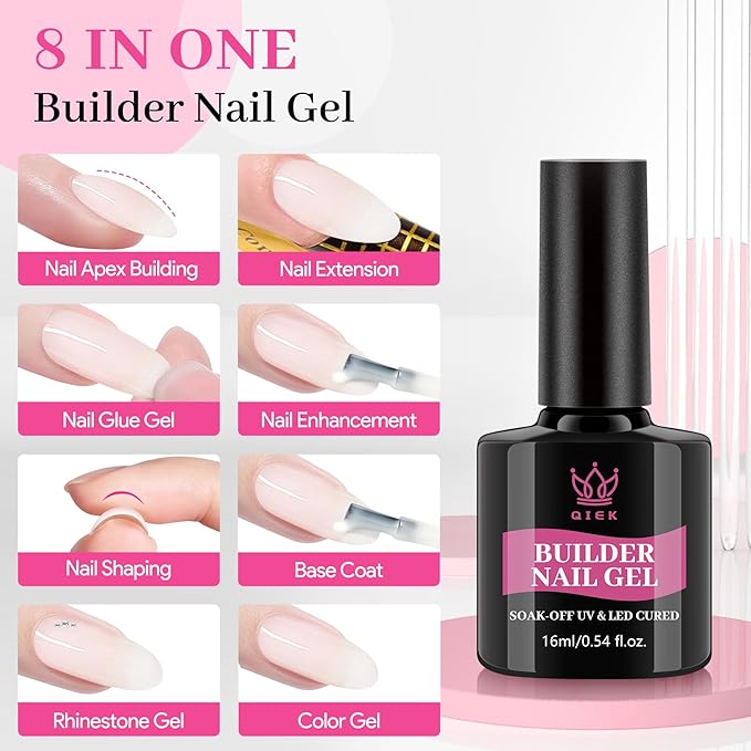 QIEK Builder Nail Gel, Milky White Builder for Nails Strengthener, 8-in-One Apex Enhancement Extension Hard Building Color Gel LED Lamp Cured Rubber Base Coat for DIY Beginners & Salon Manicure 16ML