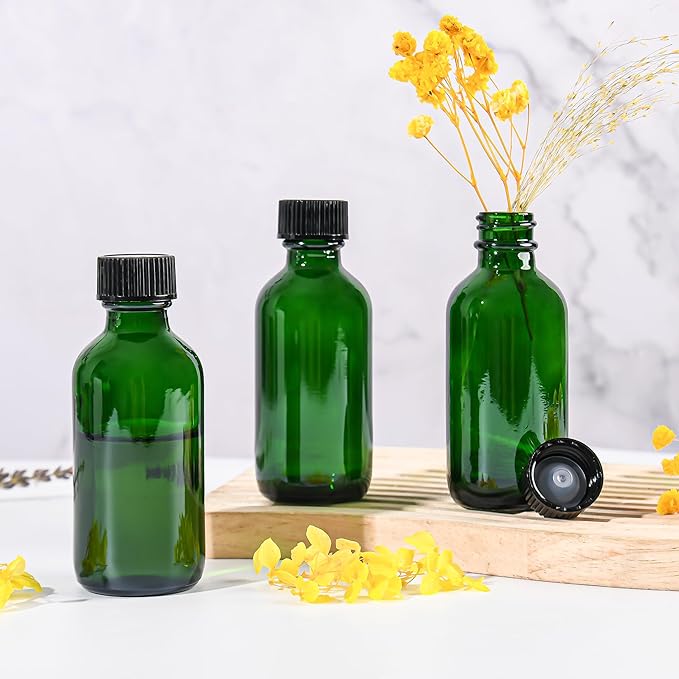 Exlvanto Small Glass Bottles with Lids Boston Round Shot Bottles for Health, Immunity, Ginger Juice, Essential Oils, Potion - Leak Proof Mini Travel Containers (Green UV, 2oz-48Pack)