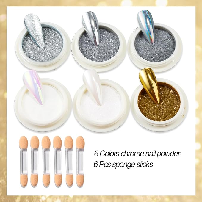 6 Colors Chrome Nail Powder,Gold Silver Super Metallic Effect Chrome Powder for Nails,Holographic Mirror Glitter White Pearl Pigment Dust Kit for Gel Polish Nail Art Decoration Manicure Nail Supplies