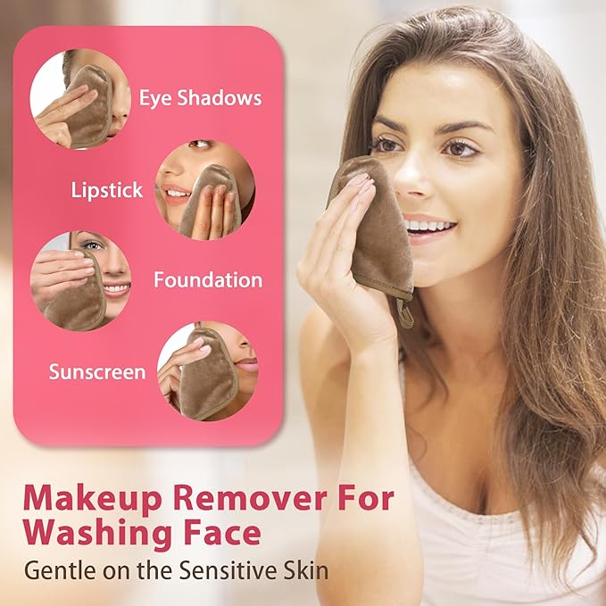 Natwag Makeup Remover Cloth, 6" x 6" Make Up Towels Reusable Face Cloth for Washing Face, Makeup Remover Pads Microfiber Face Washcloth with Mesh Bag, Just Water, 12 Pack, Light Brown
