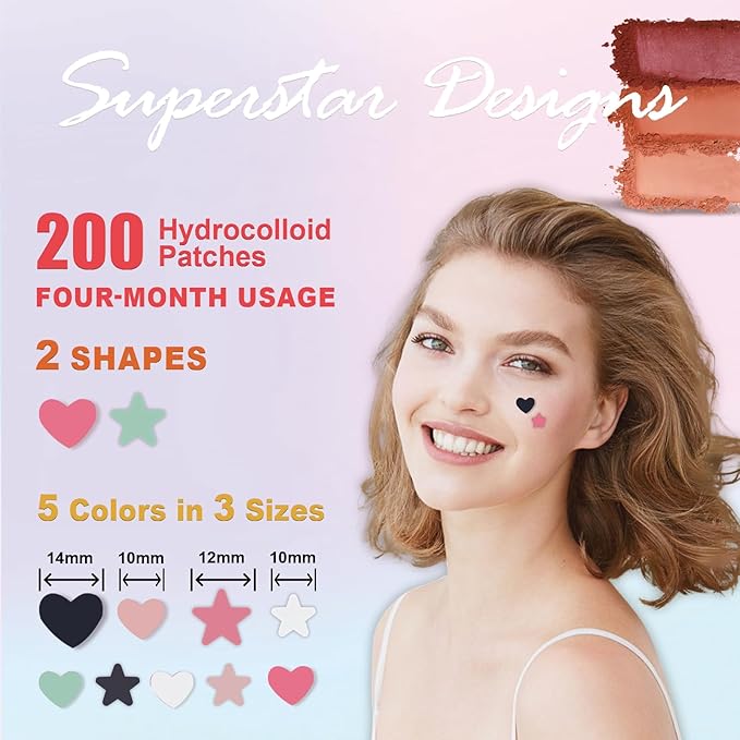 Pimple Patches for Face, Multi-Color Hydrocolloid Acne Patches, Zit Covers & Spot Stickers for Discreet Blemish Care with Tea Tree Oil, Salicylic Acid & Centella, 3 Sizes (10mm, 12mm, 14mm), 200 Count