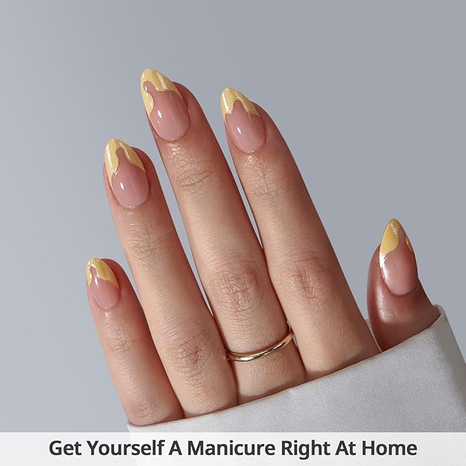 BTArtbox French Tip Press On Nails - Lamp-Curable Short Almond Press On Nails with Glue for Women, Semi-Transparent Soft Gel Glue On Nails in 16 Sizes - 32 Stick On Nails Kit, Lemon Fizz