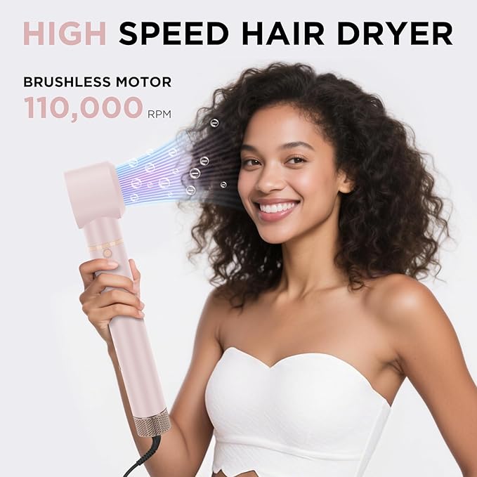 6-in-1 Hair Dryer Brush, 110,000 RPM High Speed Hair Dryer with Air Straightener, 28mm AUTO Curlers, IG INGLAM MegaAIR 2.0 Multi-styler Set Volumizing and Shape, Pink